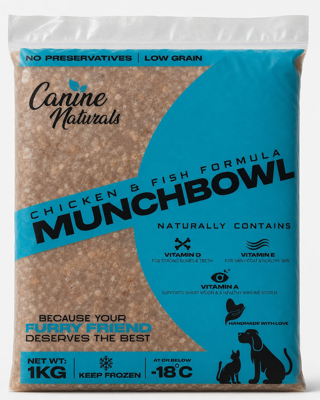 A 1kg bag of Canine Naturals Munchbowl Chicken & Fish Formula dry dog food, featuring a bright blue and white packaging design with black text and silhouettes of a dog and cat.